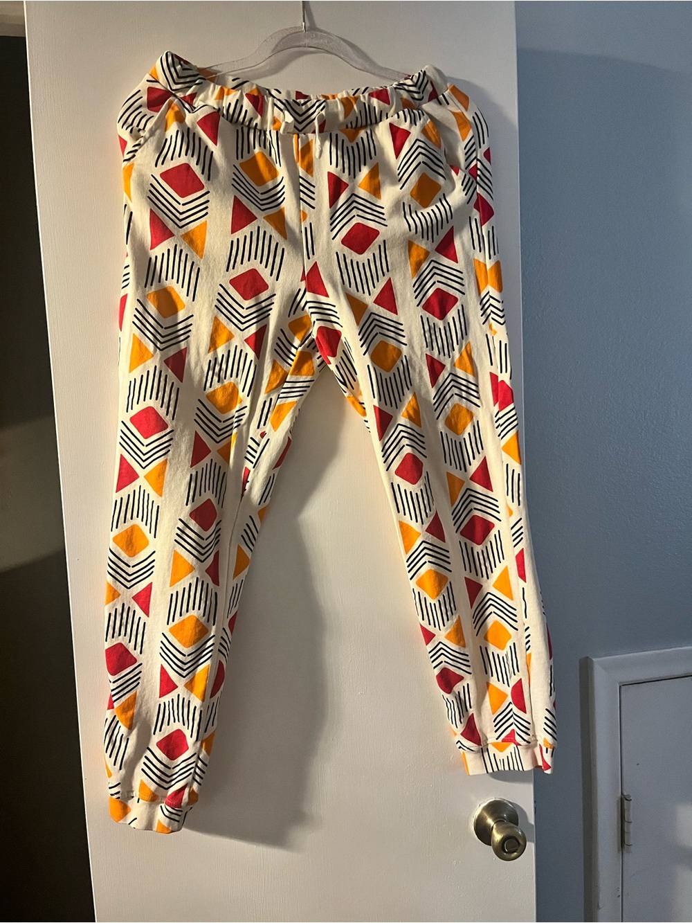 Geometric Print Jogger Pants in Cream, Red & Mustard